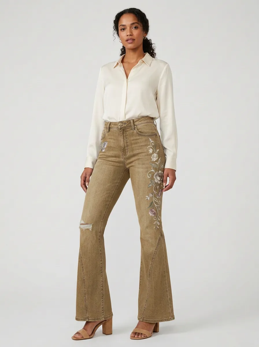 Women's Blue Floral Embroidered Flare Jeans