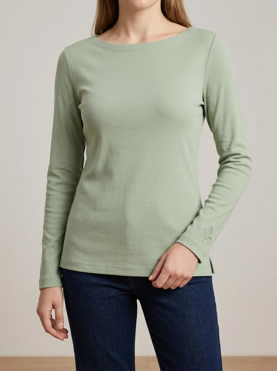 Boat Neck Embroidered Detail Women's Long Sleeve Tee