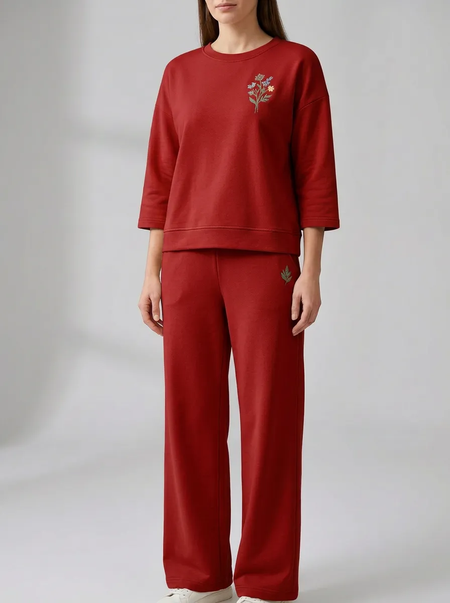 Women's Floral Embroidered Three-Quarter-Sleeve Crewneck Top And Wide-Leg Trouser Lounge Set