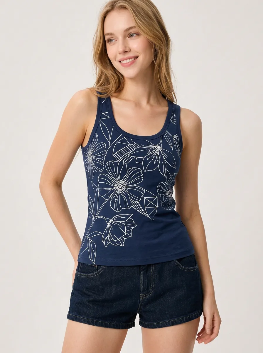 Women's Floral Lover Navy Blue White Flower Printed Tank Top