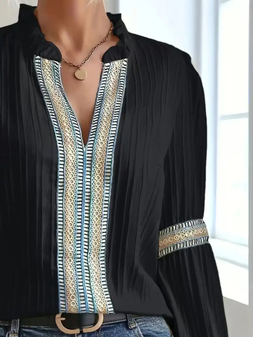 Refined Notched-Neck Balloon-Sleeve Blouse