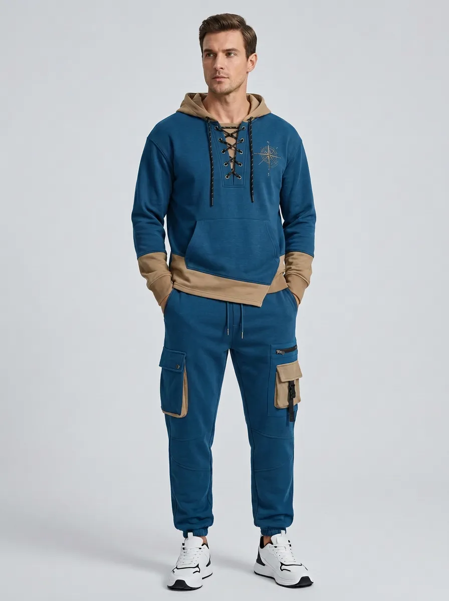 Daily Lace-Up Graphic Print Finish Men's Lace Up Hoodie And Cargo Jogger Set