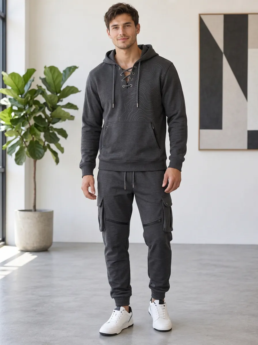 Functional Lace-Up Topographic Finish Men's Lace Up Hoodie And Cargo Jogger Set