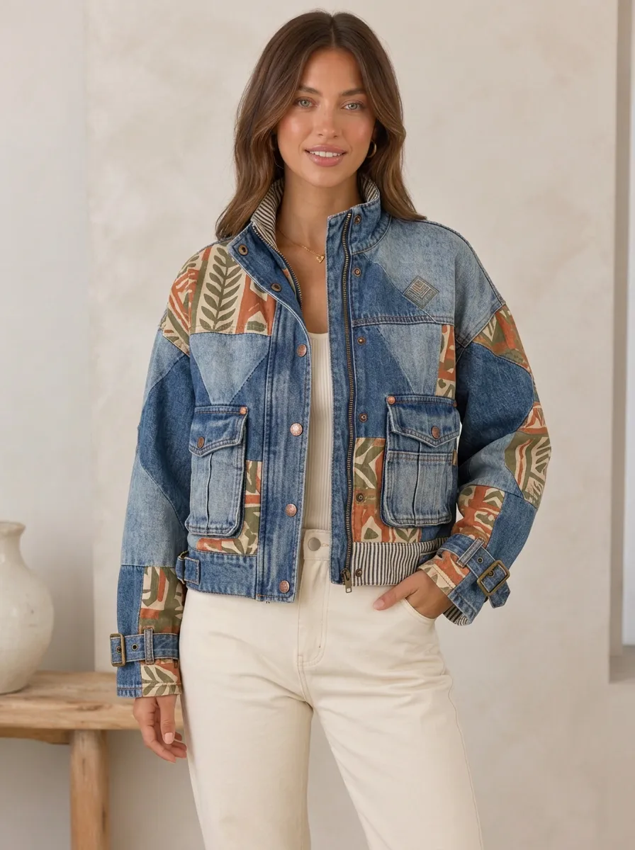 Women's Boho Style Geometric Leaf Printed Patchwork Denim Jacket