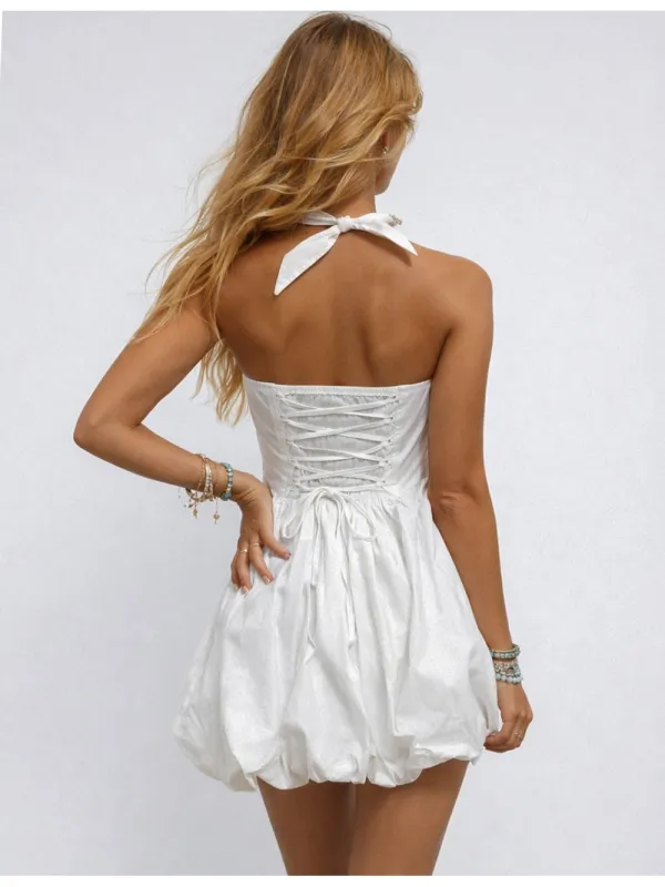 Halter Neck Bow Solid Color Puff Hem Mini Dress