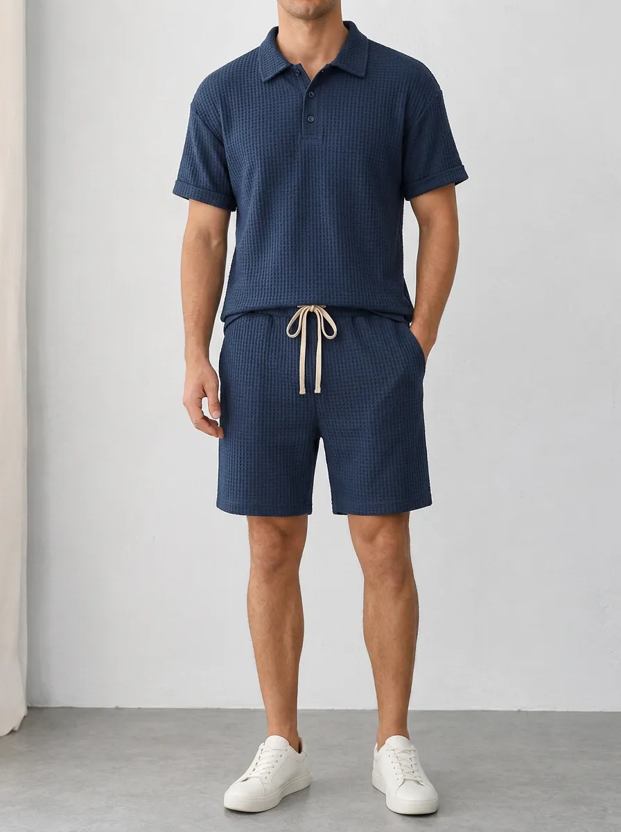 Men's Navy Blue Waffle Knit Polo Shirt