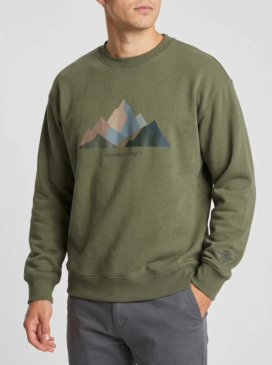 Men's Olive Green Mountain Graphic Crewneck Sweatshirt