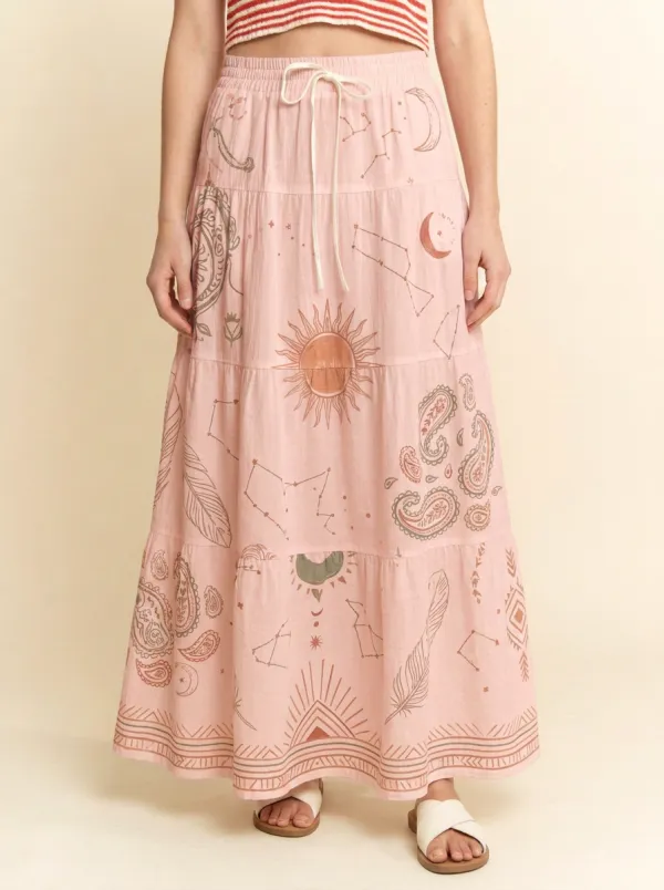 Women's Celestial Boho Sun Moon Constellation Printed Maxi Skirt