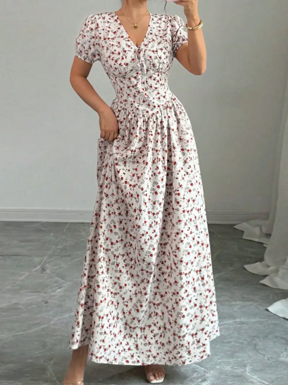 Floral Print V Neck Maxi Dress