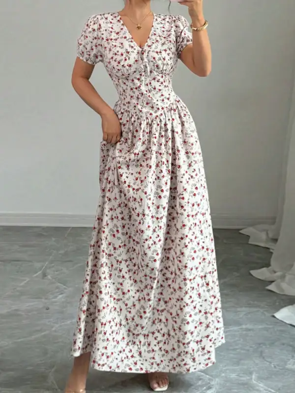 Floral Print V Neck Maxi Dress