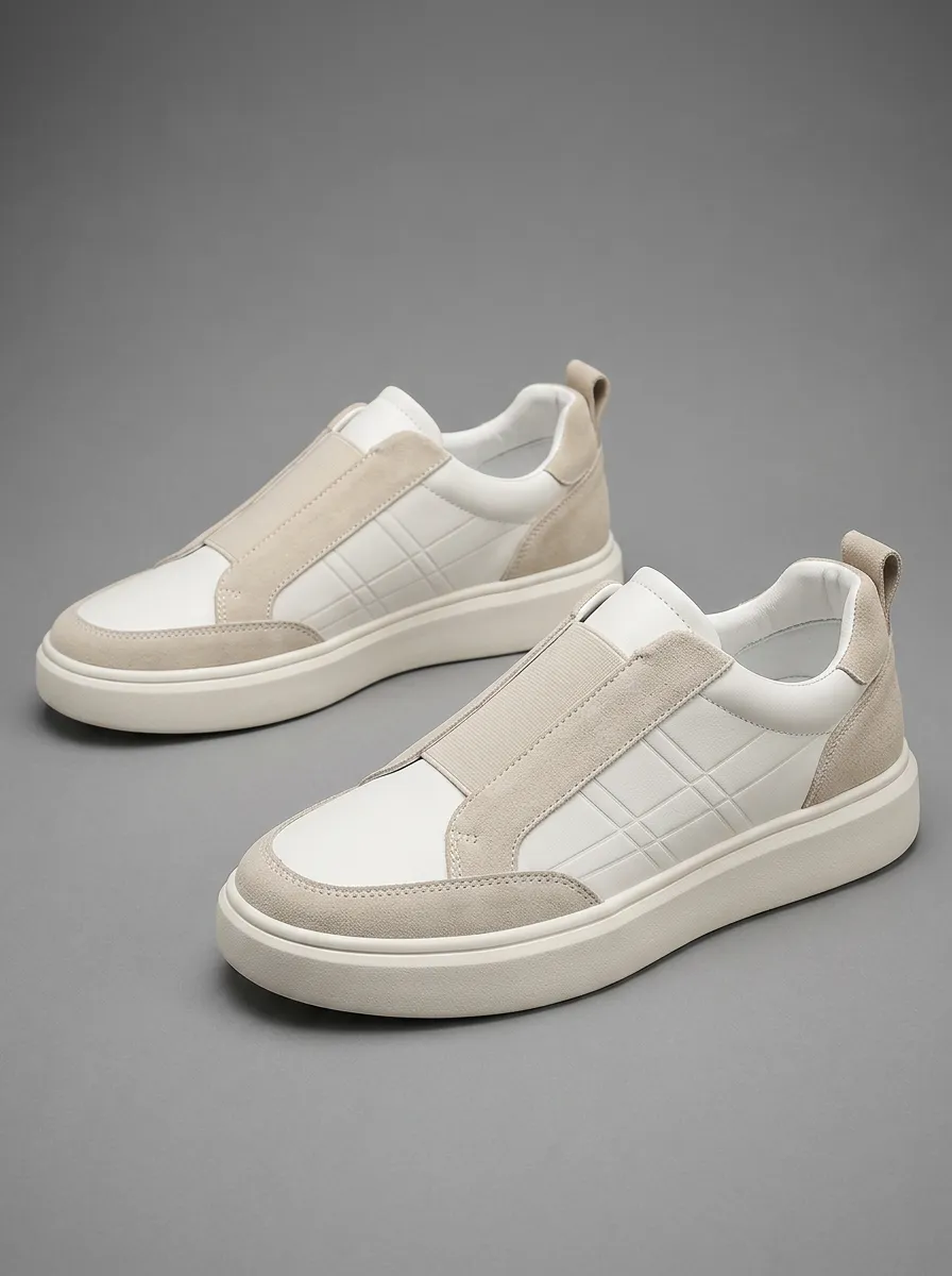 Men's Minimalist Beige Suede Patchwork Slip-on Sneakers