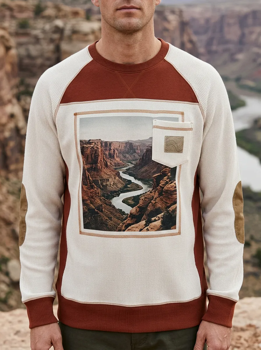 Men's Off-White and Rust Graphic Waffle Knit Crewneck Sweatshirt