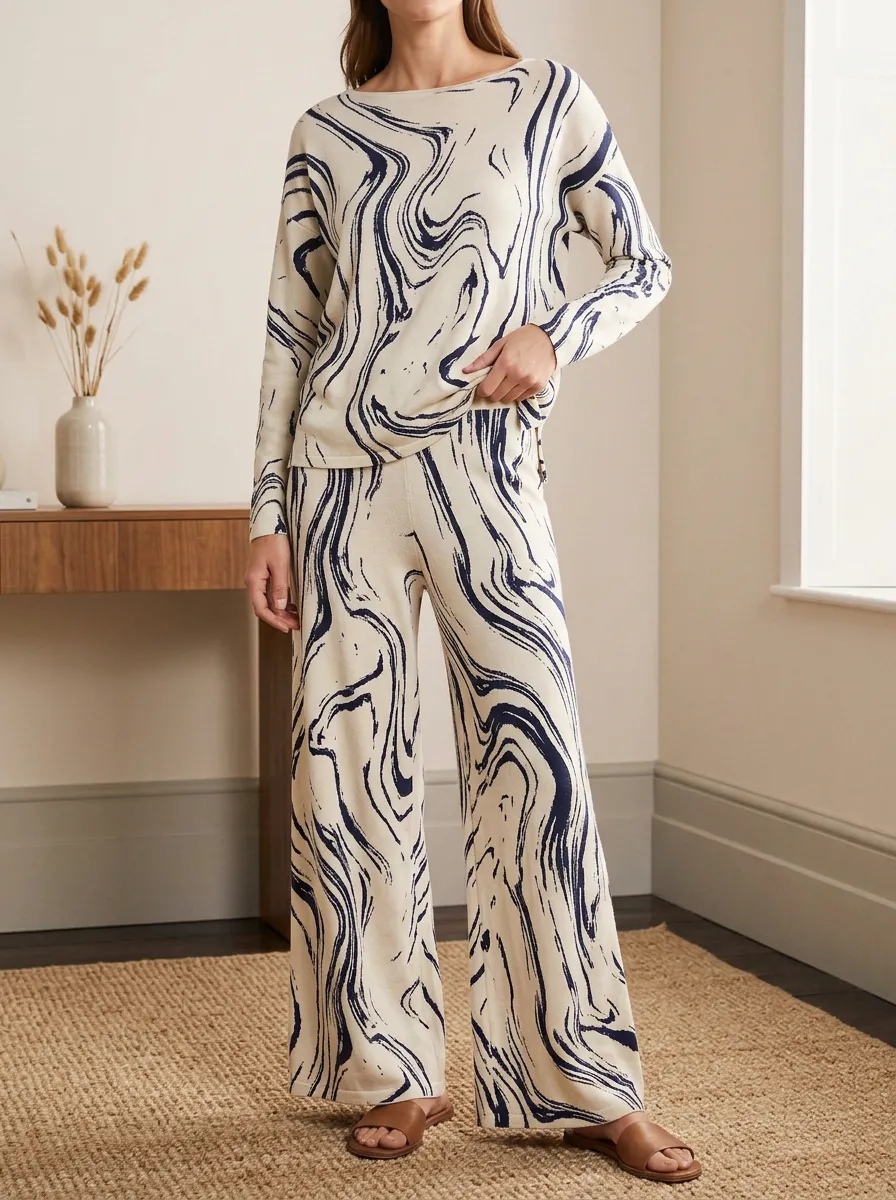 Women's Lounge Marble Swirl Patterned Wide Leg Pants Set