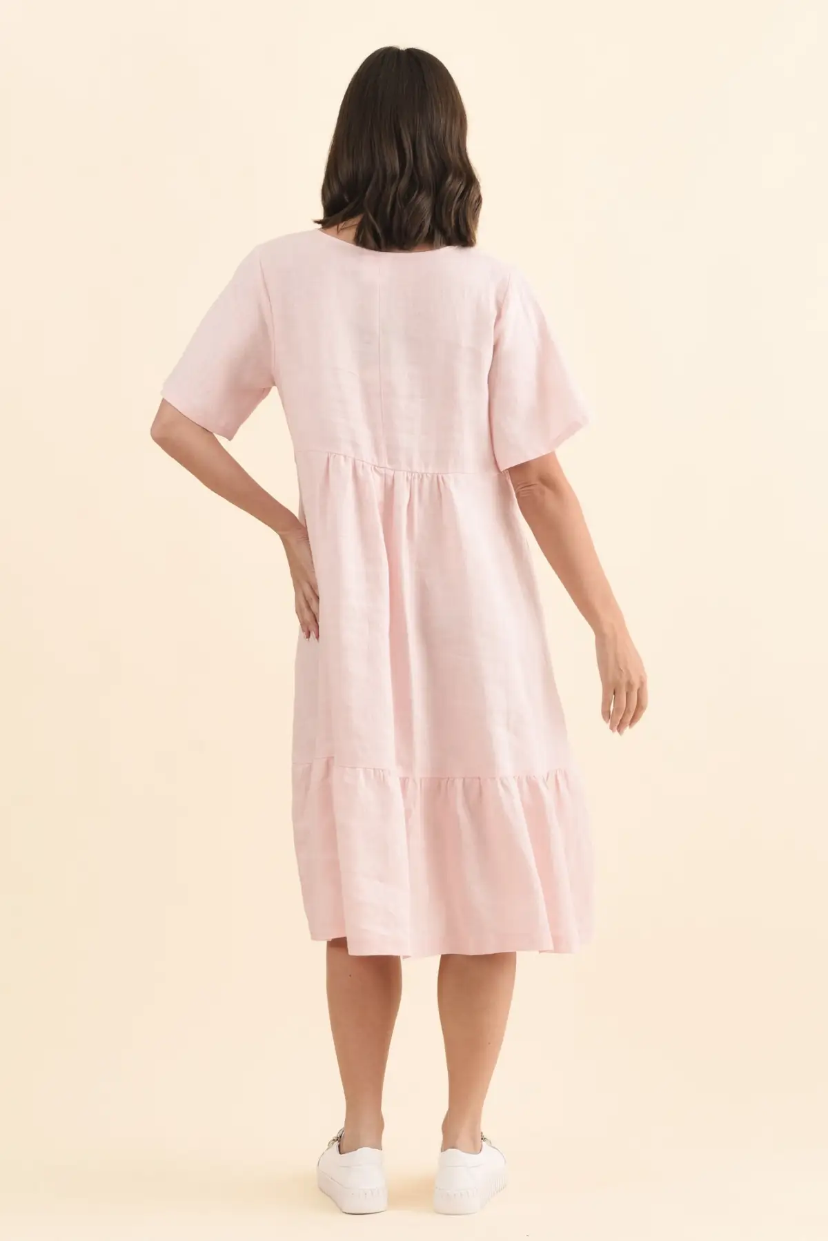 Pocket Below-Knee Tiered Linen Pleated V-Neck Half-Sleeve Dress