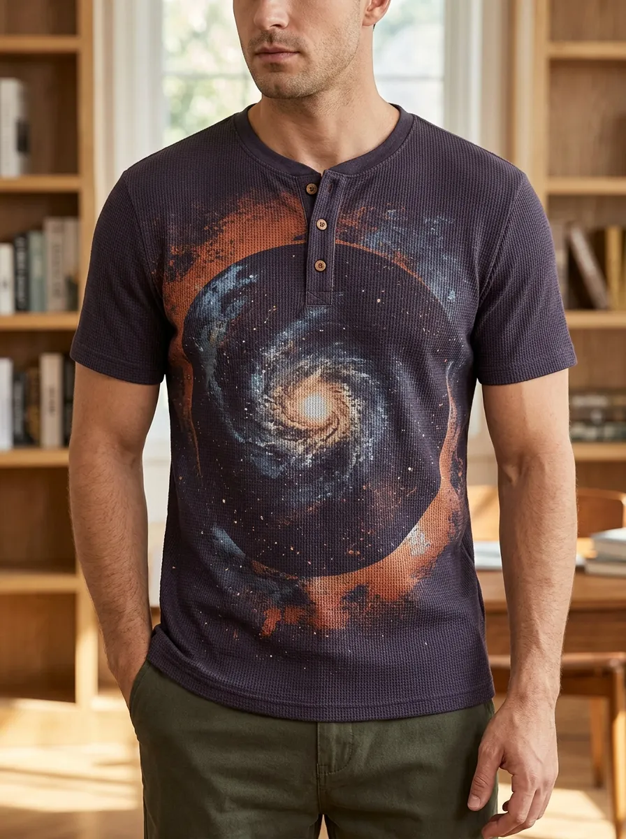 Men's Classic Space Astronomy Galaxy Henley T-Shirt