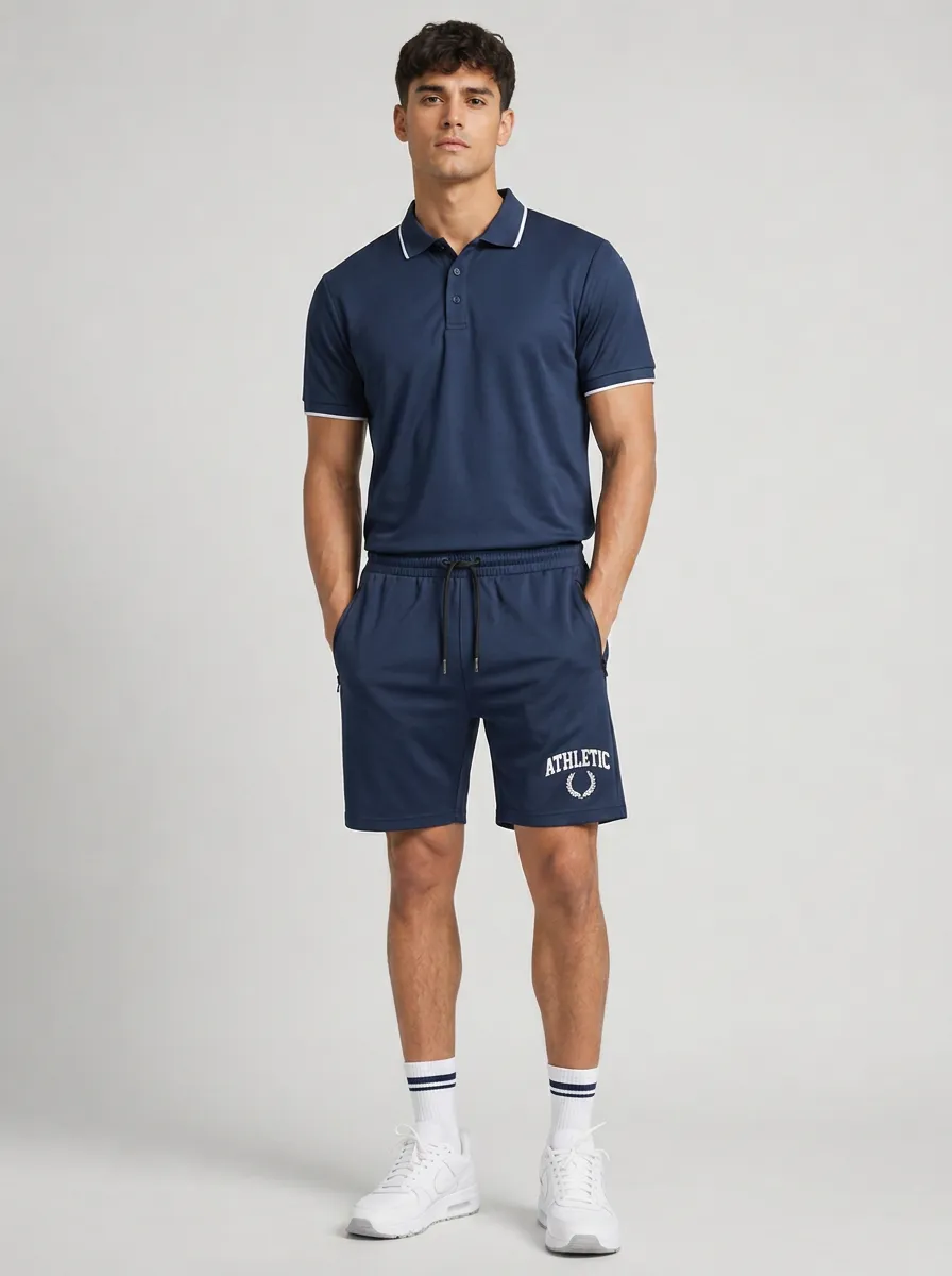 Men's Athletic Sports Wreath Printed Polo Shirt and Shorts Set
