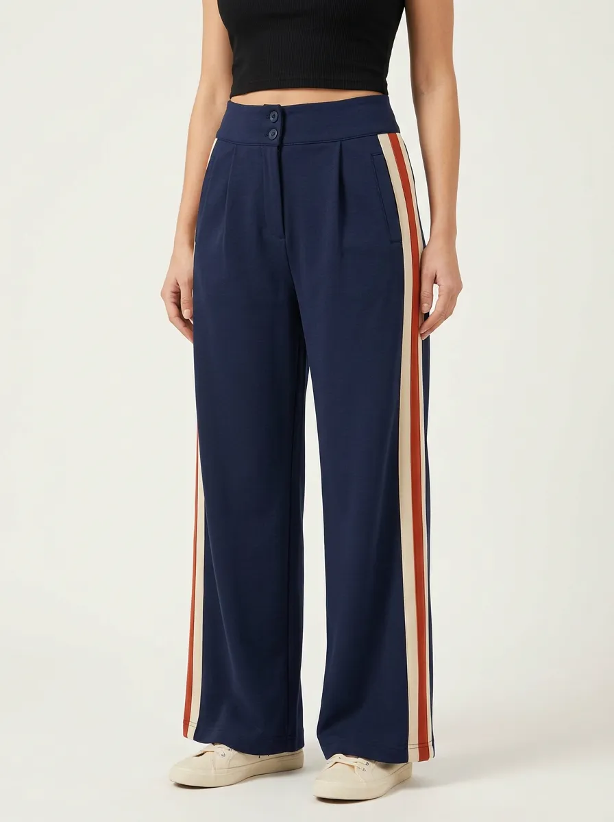 Women's High-Rise Side-Pocket Pleated Stripe Wide-Leg Trousers