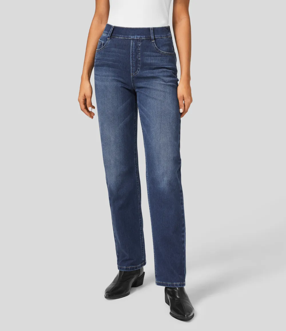 Magic High Waisted Multiple Pockets Straight Leg Washed Stretchy Knit Casual Jeans
