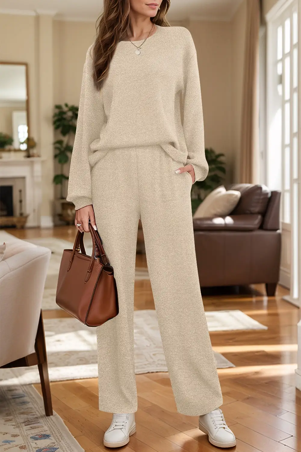 Stretch Round Neck Long Sleeve Top And Pants Set