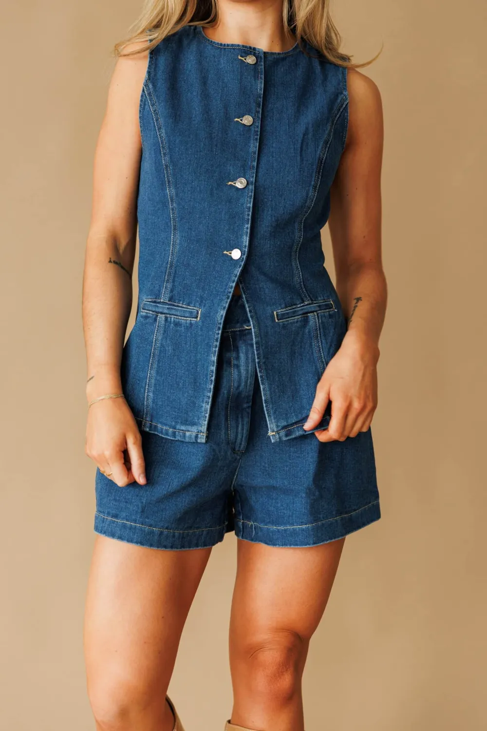 Cotton High Waist Pleated Denim Shorts