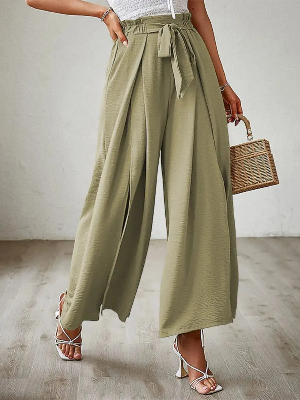 Wide Leg Tie Waist Slit Detail Casual Pants