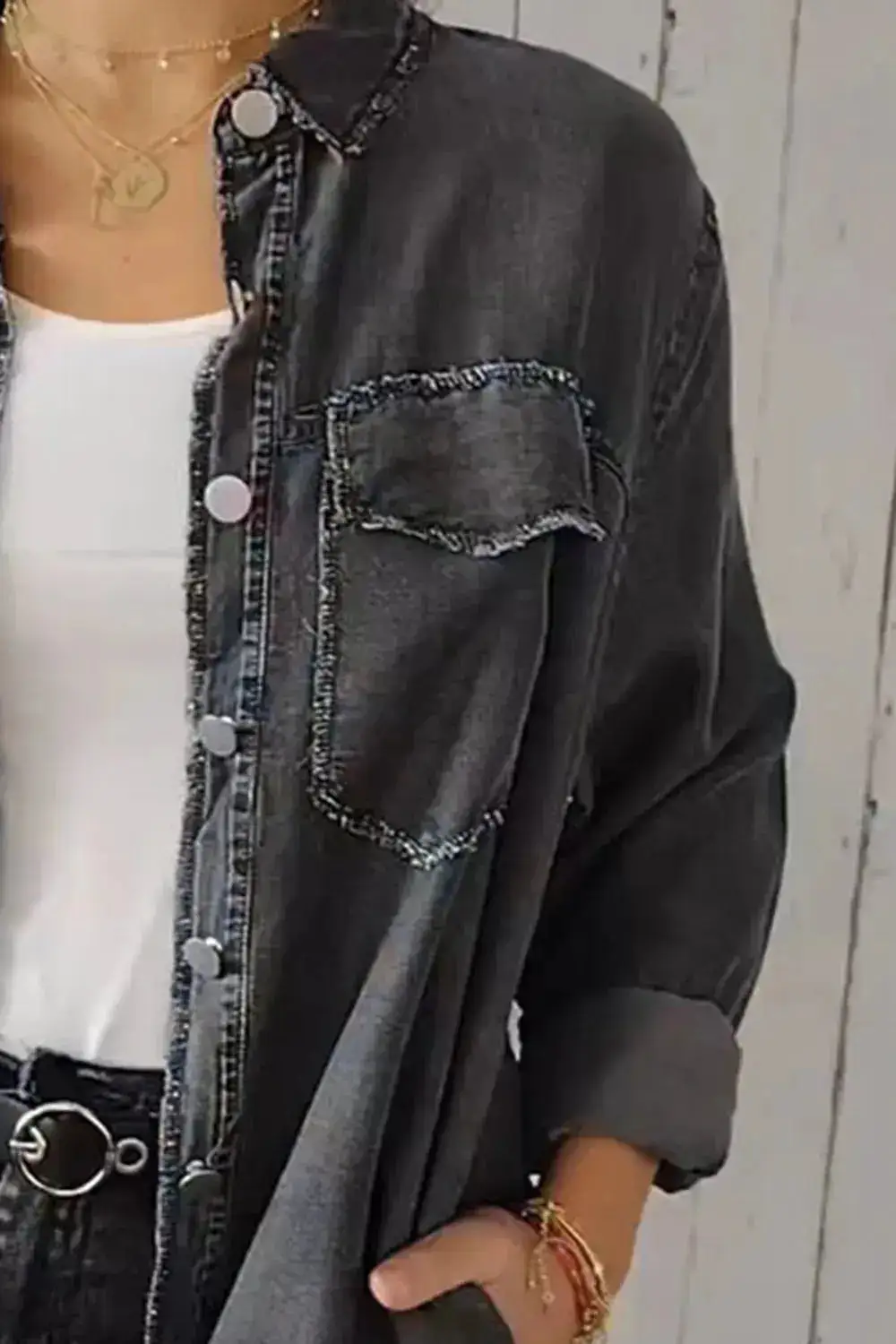 Relaxed Denim Button Front Pocketed Casual Jacket