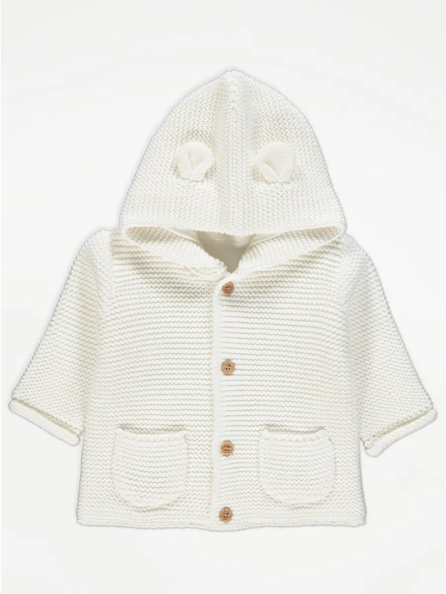 White Chunky Knit Hooded Cardigan