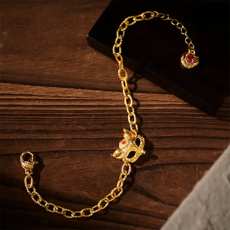 Plated Brass Fox Design Heart Charm Chain Bracelet