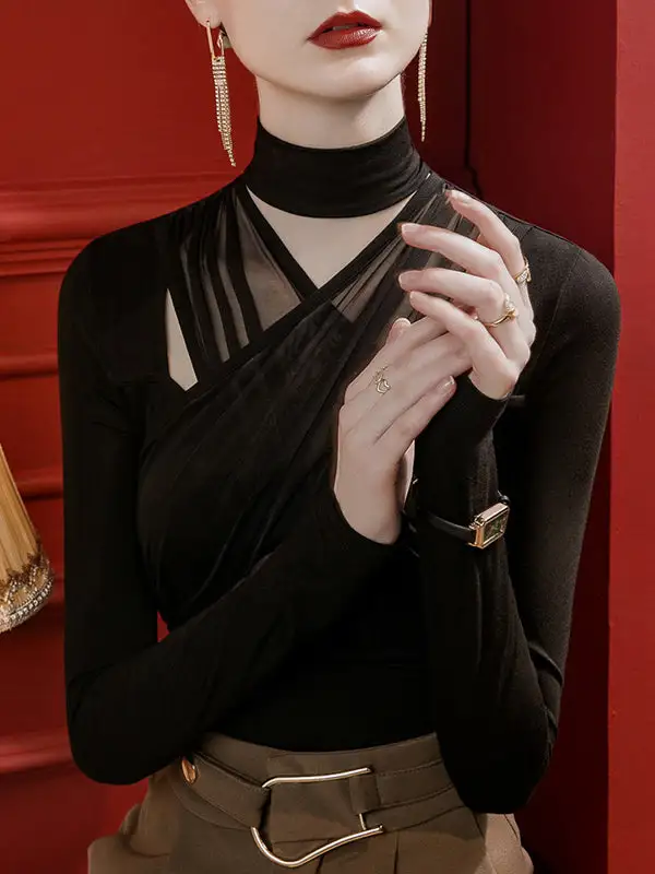 Long Sleeve Curve Fit Cutout Pleat Detail Panel Detail High Neck T-Shirt