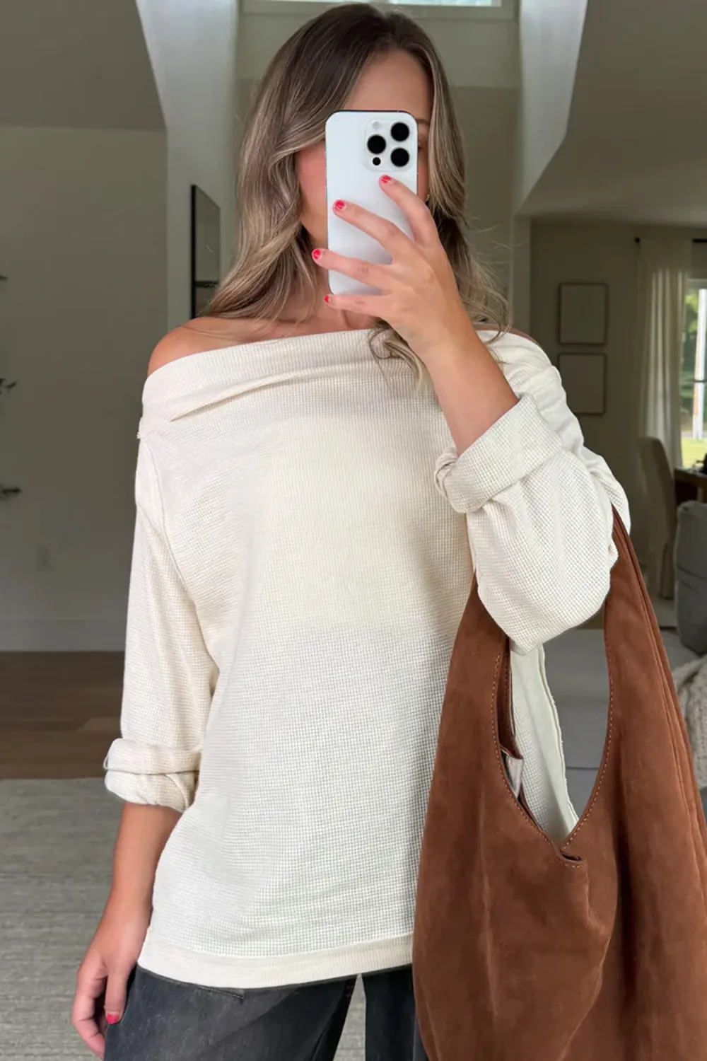 Beige Waffle Knit Asymmetric Neck Top