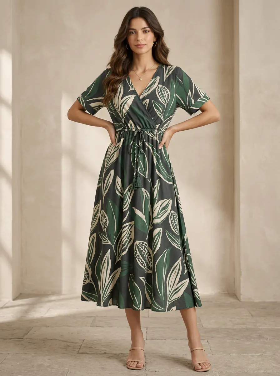 Women's Easy Wear Botanical Leaf Print Dress
