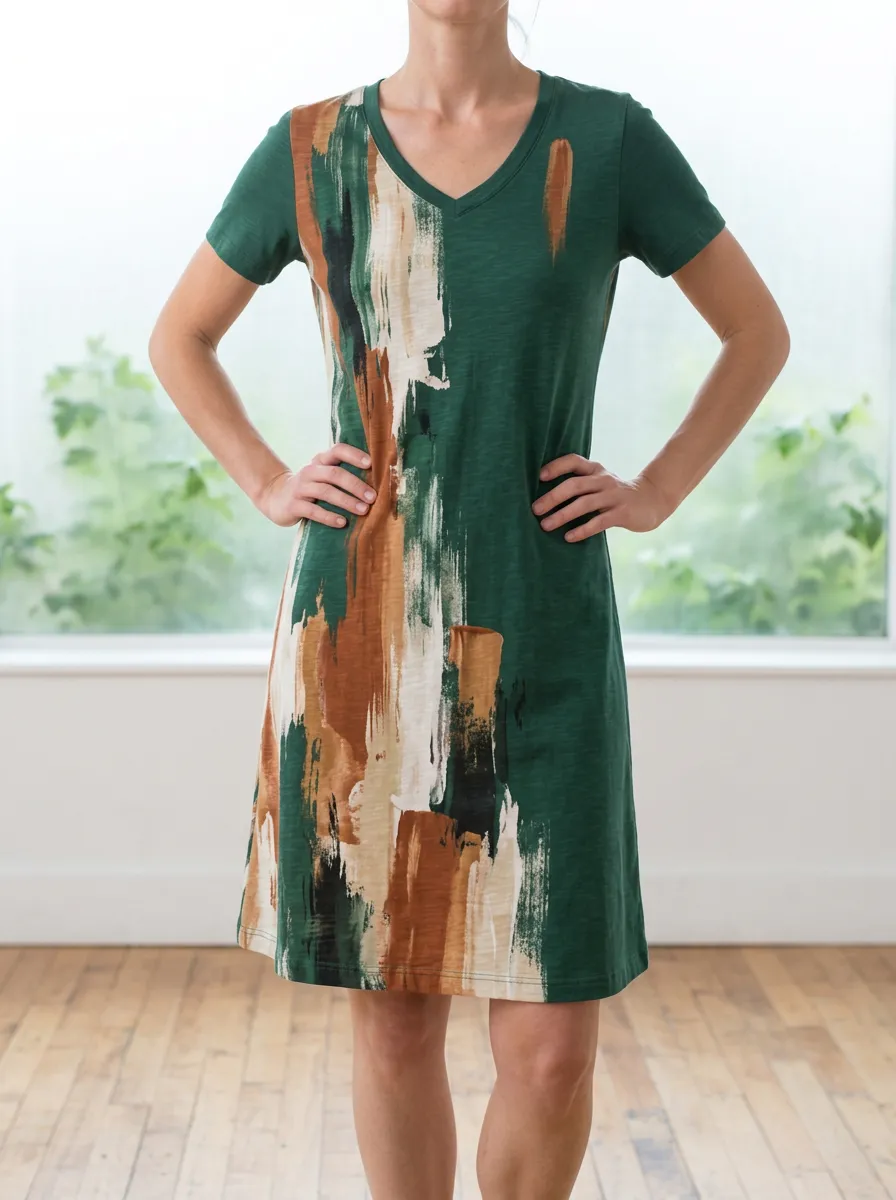 Women's Abstract Brushstroke Green Brown Printed V-Neck Dress