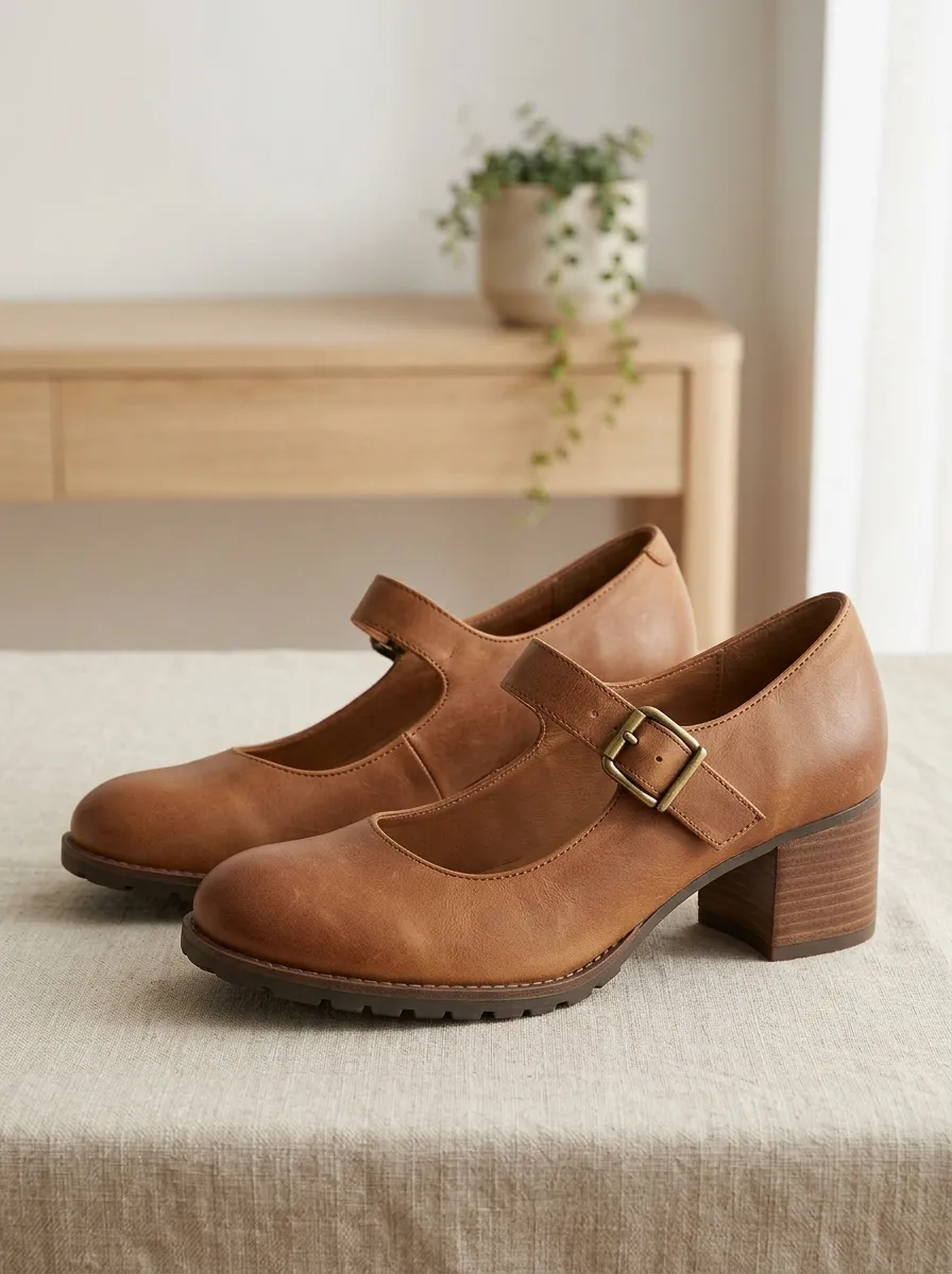 Women's Vintage Leather Mary Jane Buckle Block Heels