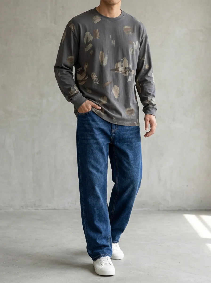 Men's Casual Streetwear Brushstroke Printed Long Sleeve T-Shirt and Jeans Set
