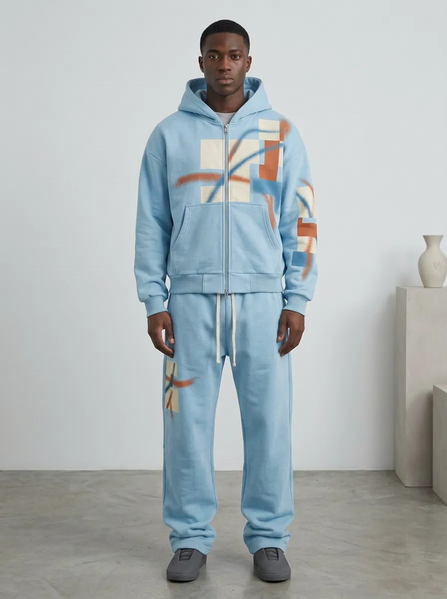 Men's Streetwear Geometric Spray Paint Printed Hoodie Jogger Set