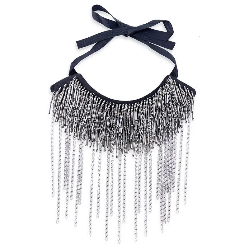 Beaded Glass Tube Chain Necklace With Fringe