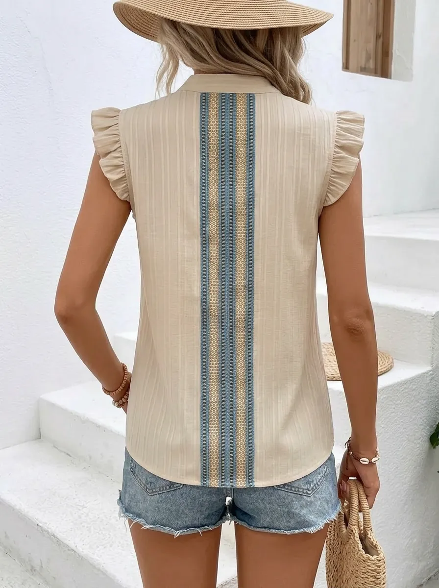 Boho Geometric Pattern Printed Ruffle Sleeve Top
