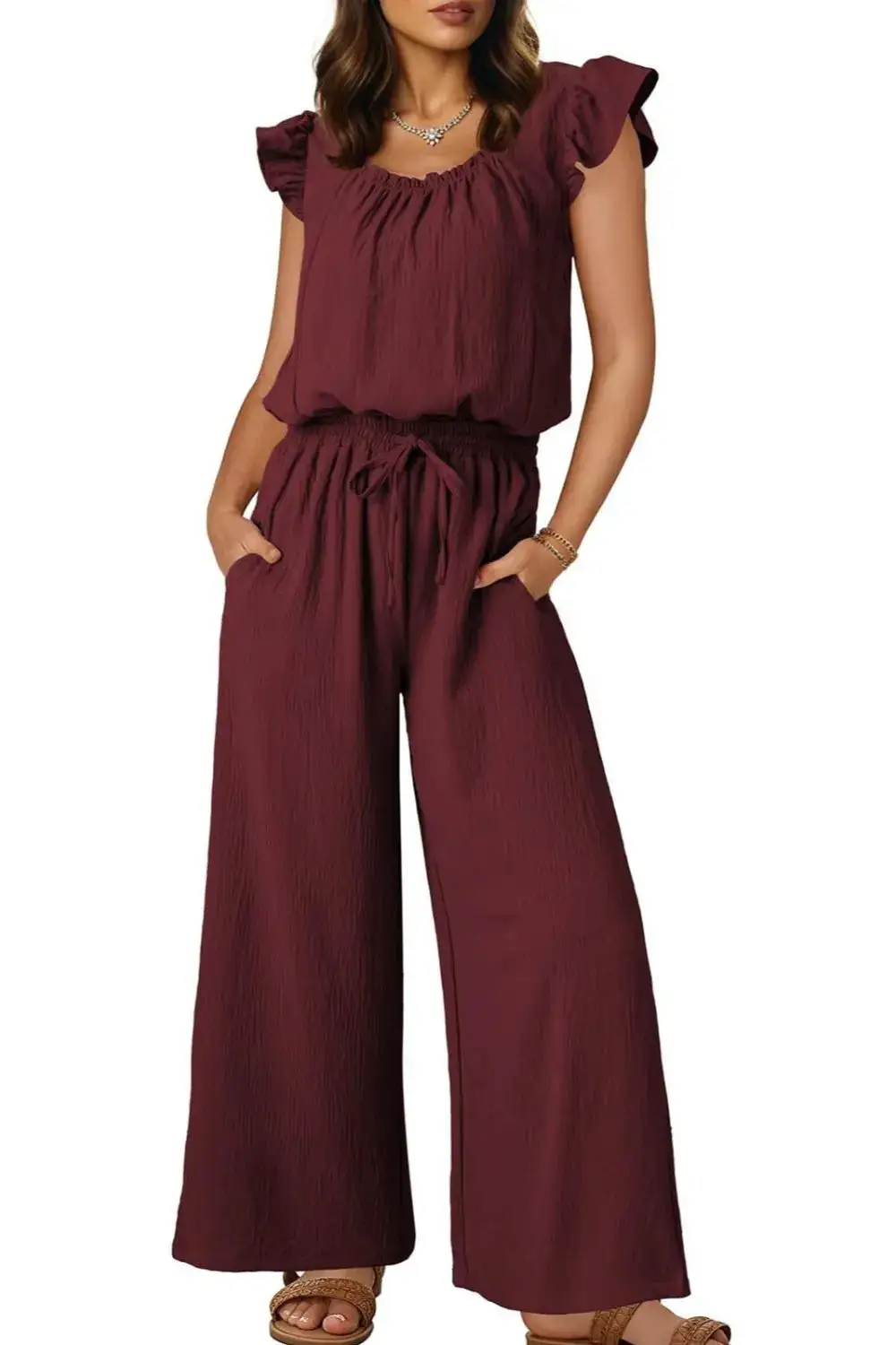 Ruffled Cap Sleeve Wide Leg Jumpsuit Accessory