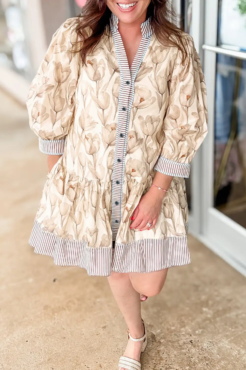 Lightweight Feel Floral Striped Button Front Dress