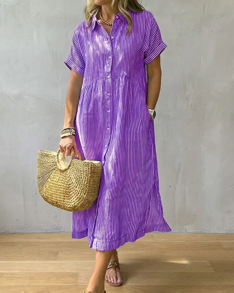 Casual Striped Short Sleeve Cotton Linen Shirt Midi Dress