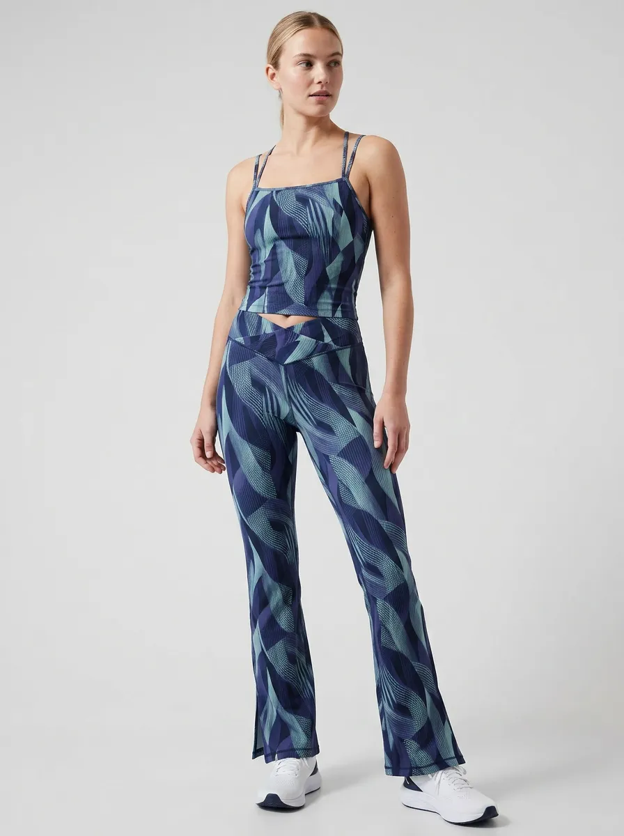 Women's Yoga Fitness Blue Geometric Wave Printed Set