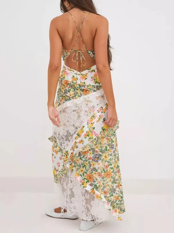 Lace Floral Print Ruffle Trim Maxi Dress