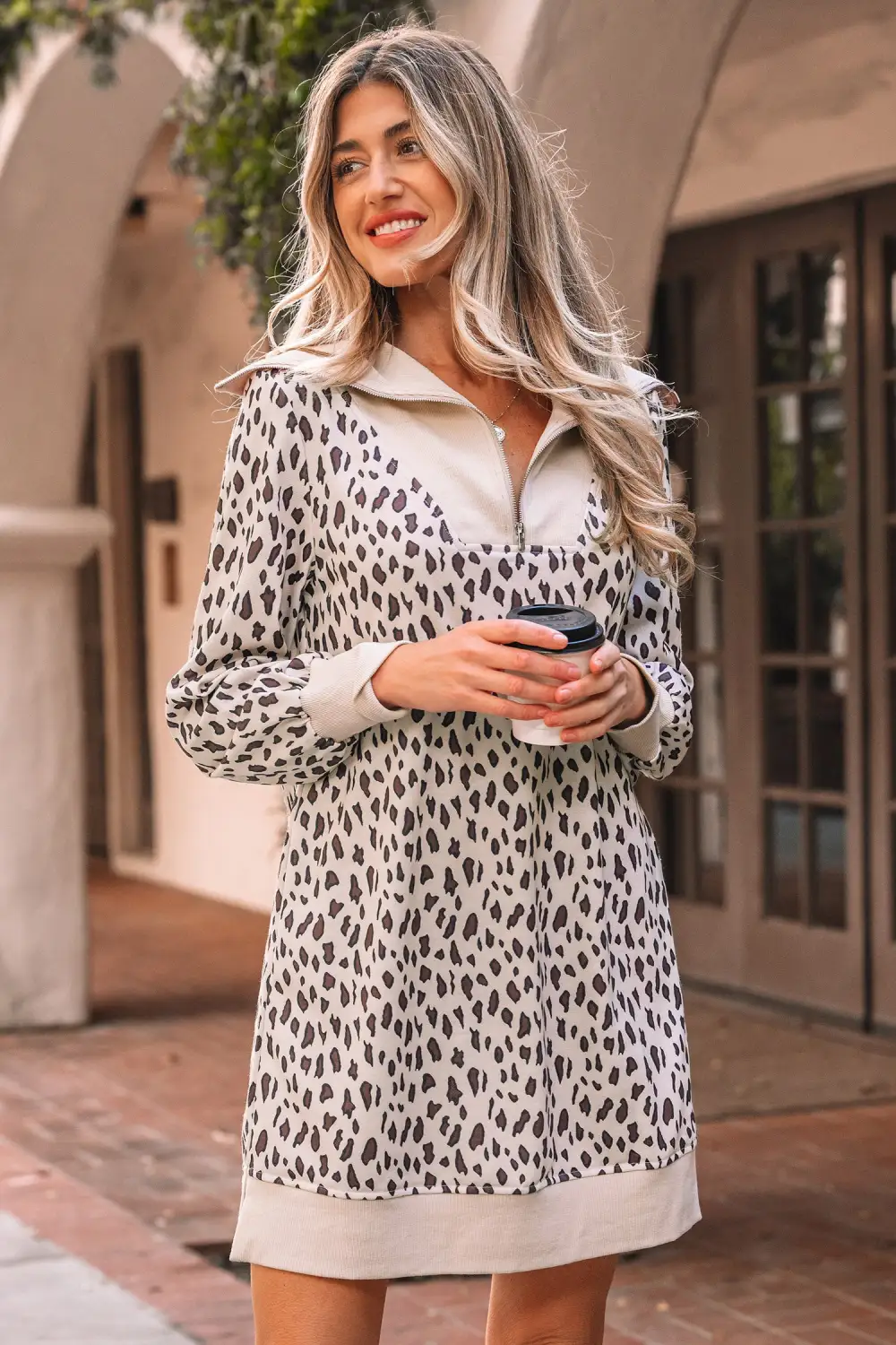 Textured Detail Animal Print Patchwork Zip Front Mini Dress