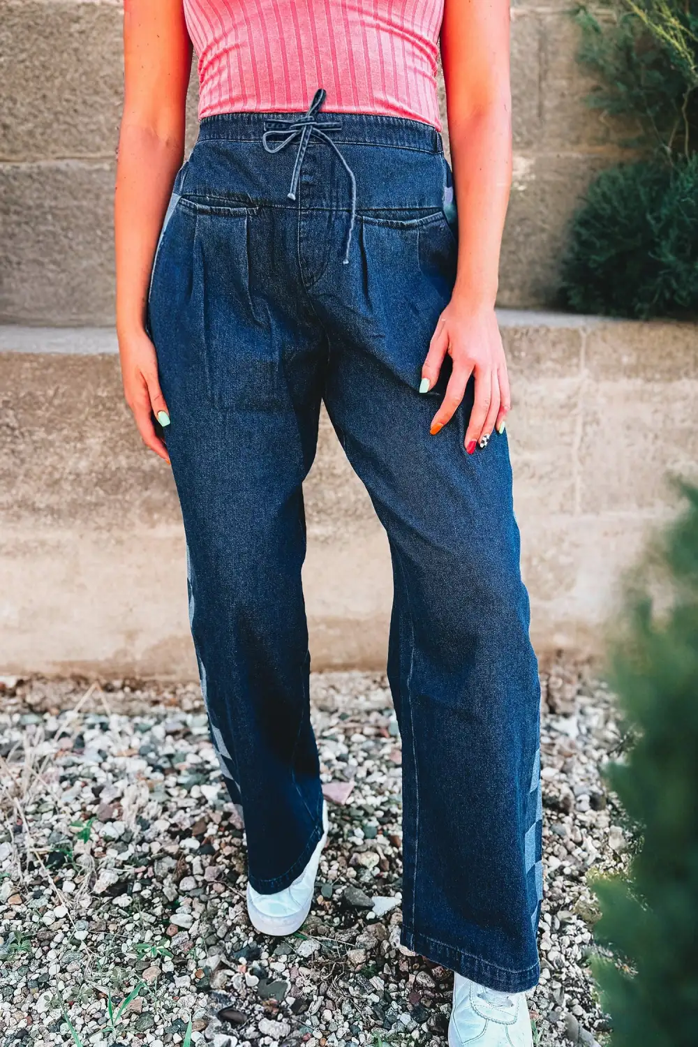 Women's Checkered Side Panel Patchwork Drawstring Loose Denim Pants