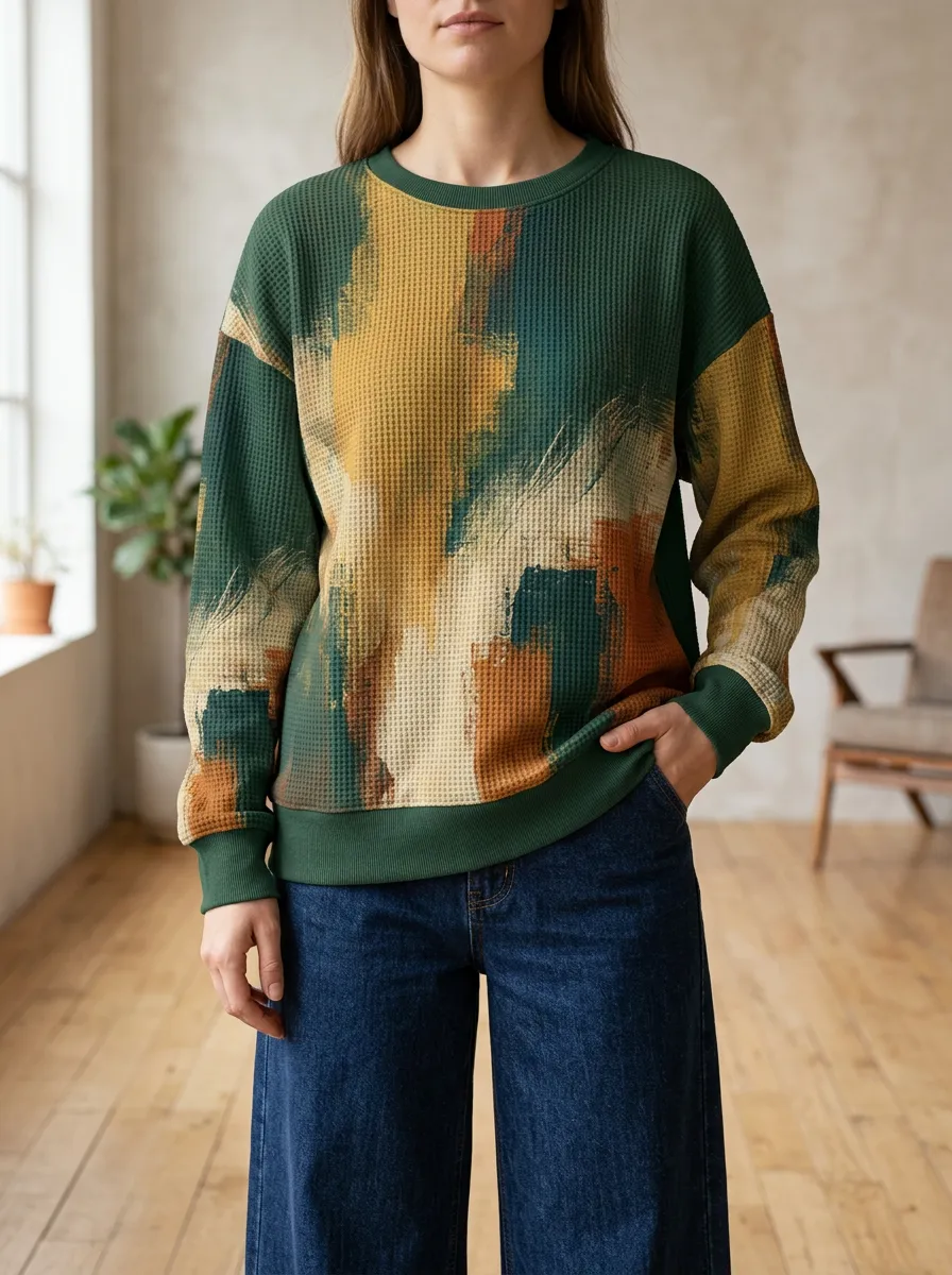 Women's Abstract Art Pattern Printed Waffle Knit Crewneck Sweatshirt