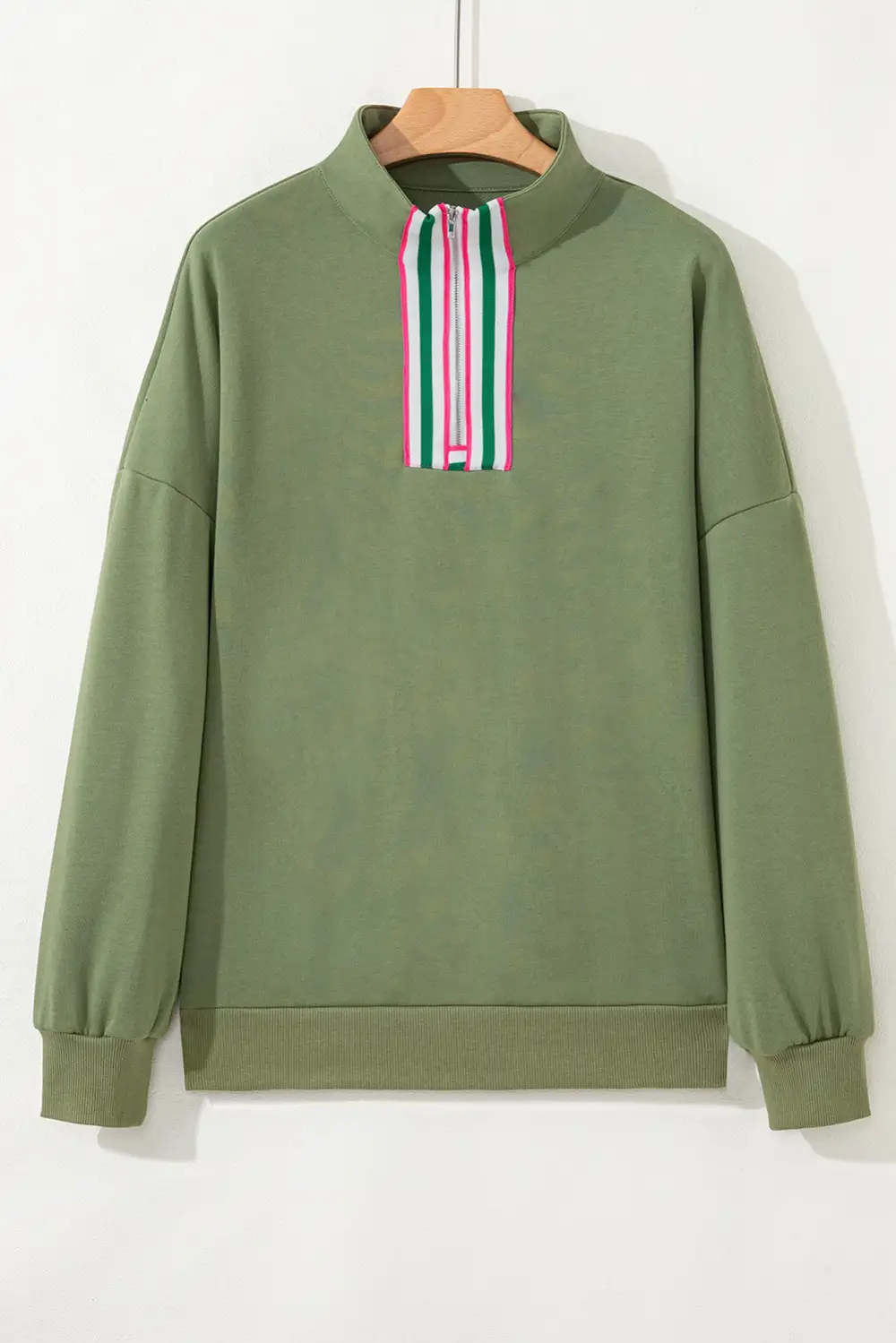 Striped Patchwork Zip Detail Zip Pullover Sweatshirt