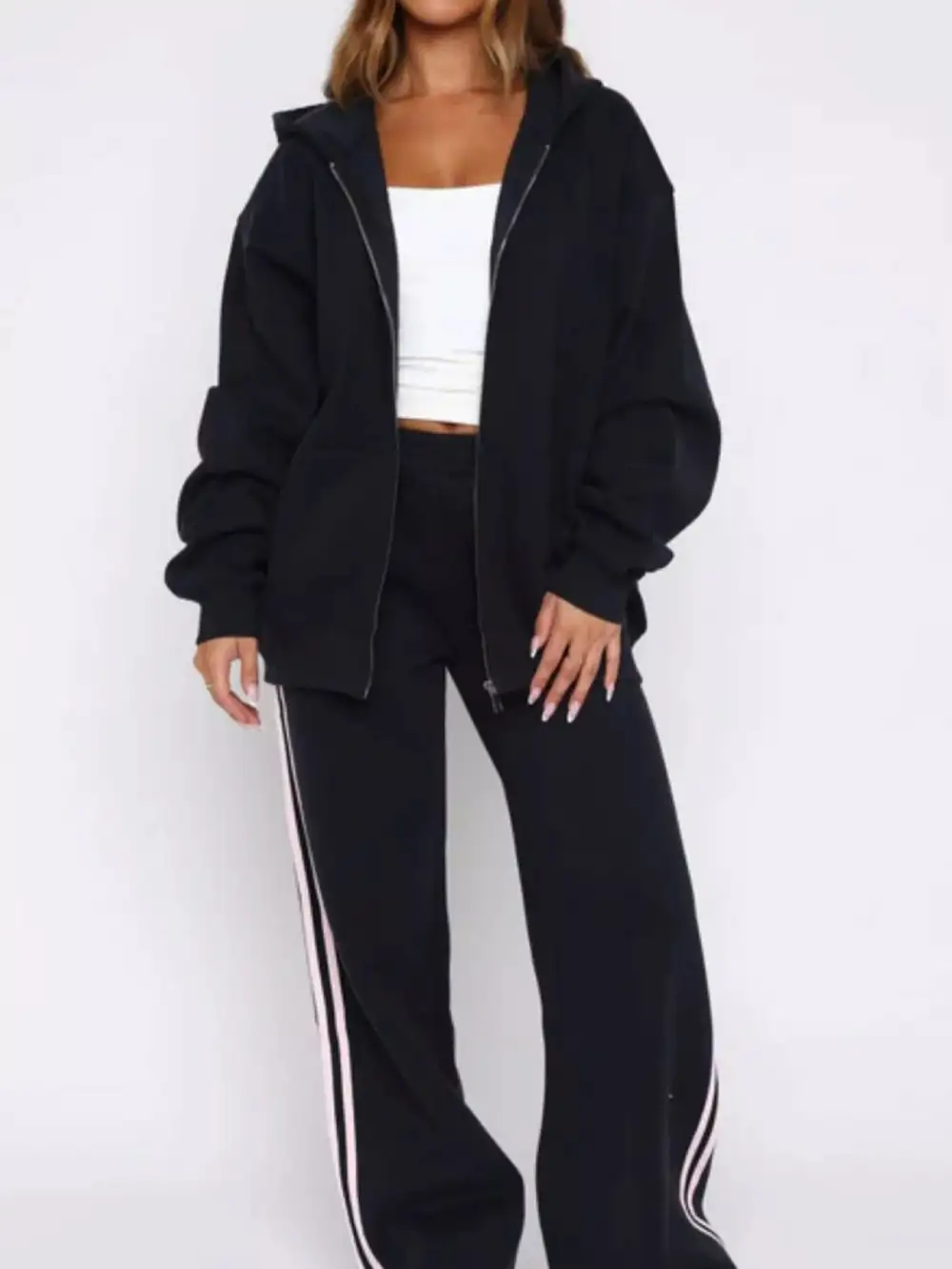Zip Up Hoodie and Striped Pants Set