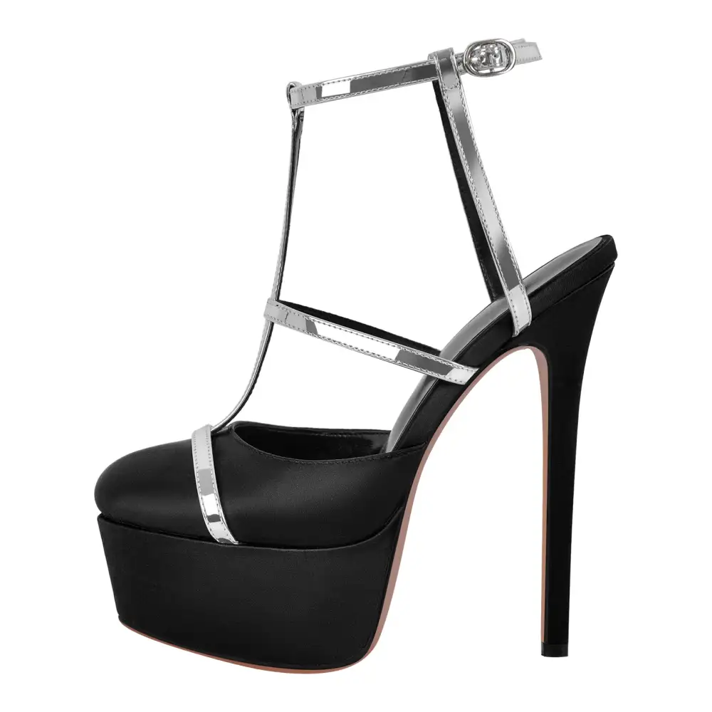 Modern Round Toe Platform Stiletto Ankle Strap Pumps