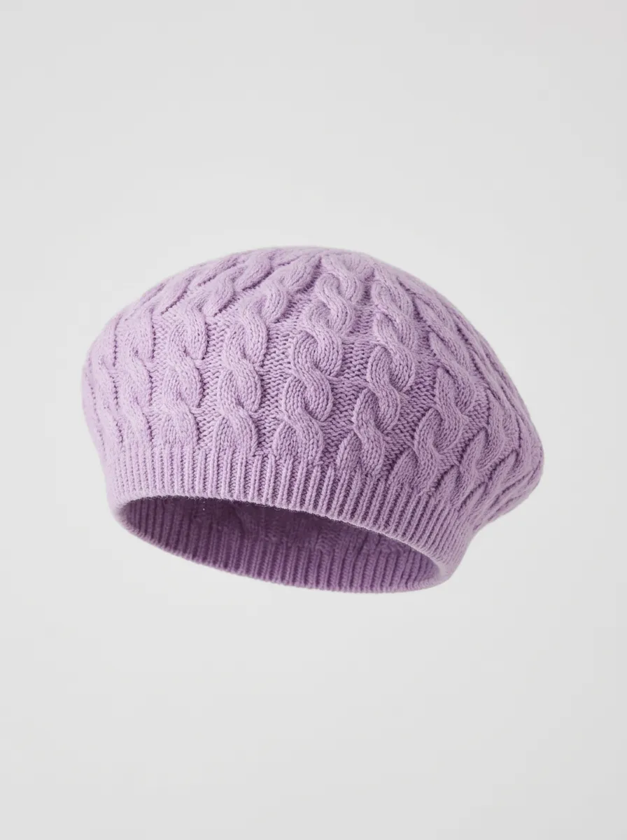 Unisex Lavender Raised Cable-Knit Beret