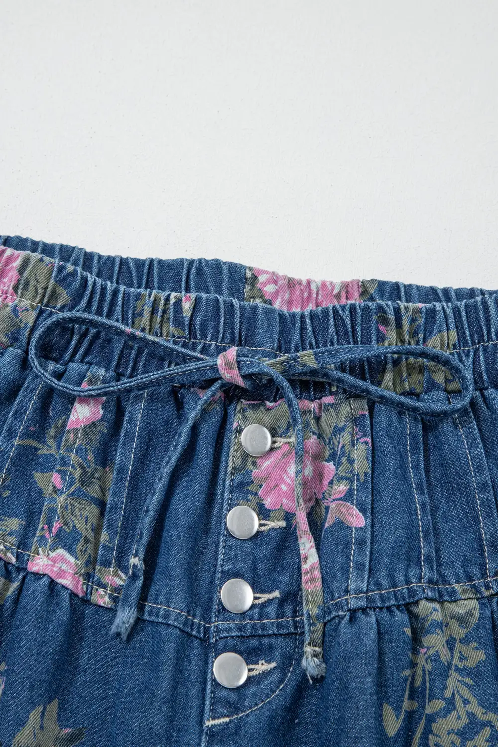 Women's Retro Floral Print Tie Elastic Waist Button Pintuck Wide Leg Jeans